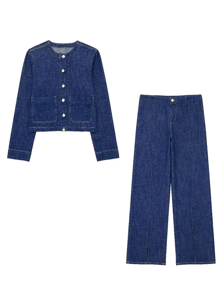 HH 2024 Spring Women 2 Piece Denim Trousers Suits Solid O Neck Coat Top + Pockets Elegant Female Straight Wide Leg Long Pant