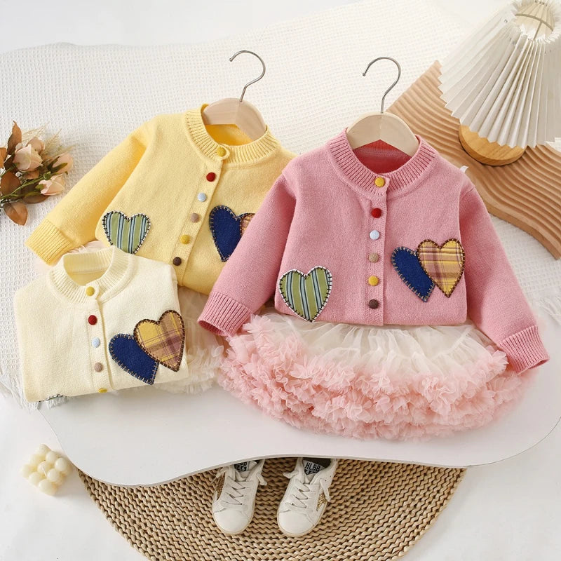 Girl's Round Neck Colorful Button Sweet Big Heart Sweater Jacket 2025 Autumn/winter New Item