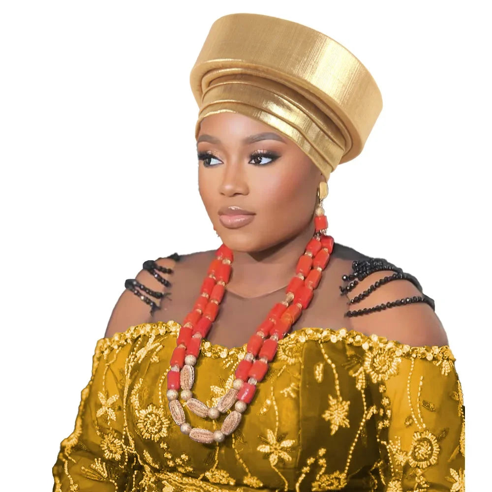 Already Made African Headtie Turban Cap Nigeria Party Headgear Female Head Wraps Pleated Auto Gele Cap Headpiece 2025