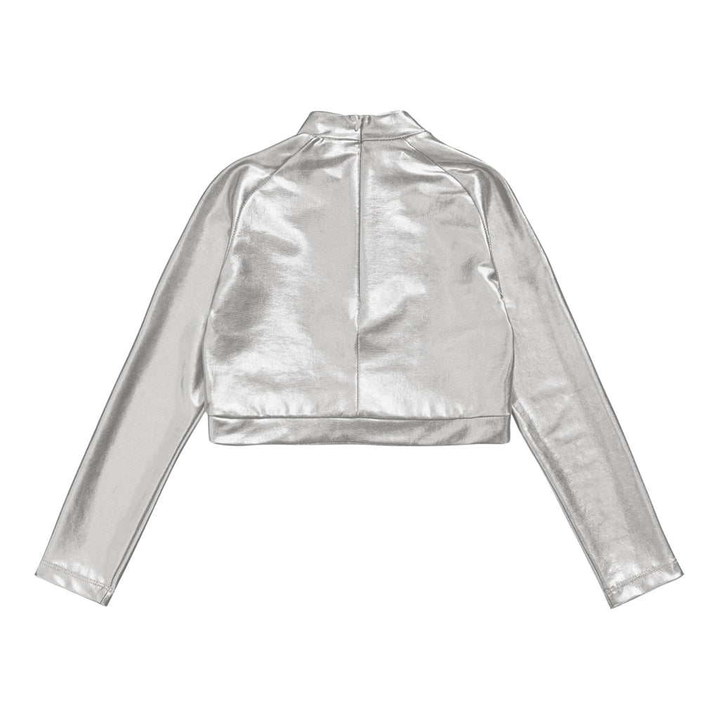 Kids Girls Shiny Metallic Crop Top Mock Neck Long Sleeve Front Sequin Fully Lined Athletic T-Shirts Jazz Hip-hop Dance Tops
