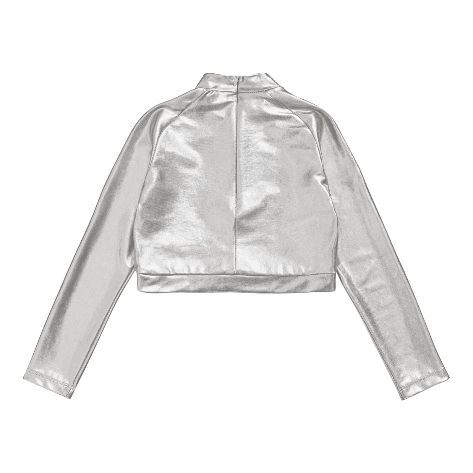 Kids Girls Shiny Metallic Crop Top Mock Neck Long Sleeve Front Sequin Fully Lined Athletic T-Shirts Jazz Hip-hop Dance Tops