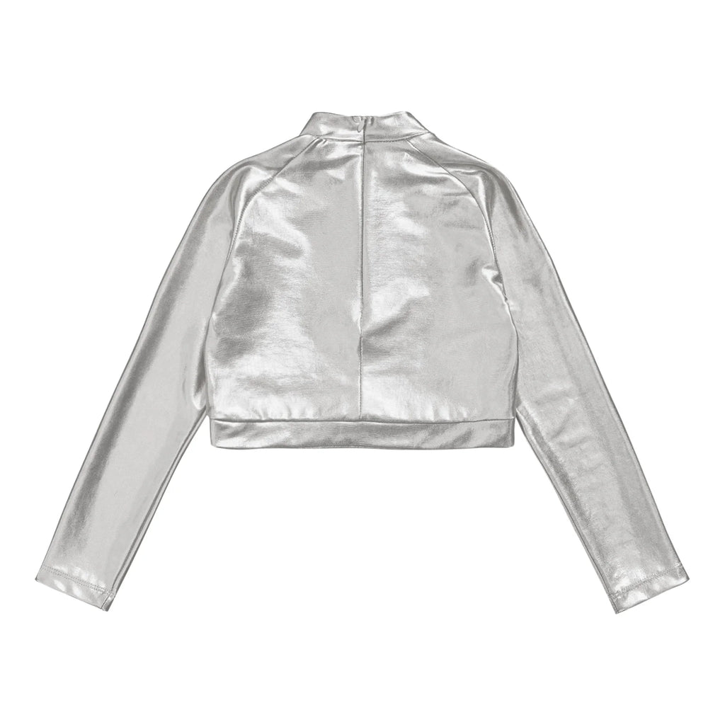 Kids Girls Shiny Metallic Crop Top Mock Neck Long Sleeve Front Sequin Fully Lined Athletic T-Shirts Jazz Hip-hop Dance Tops