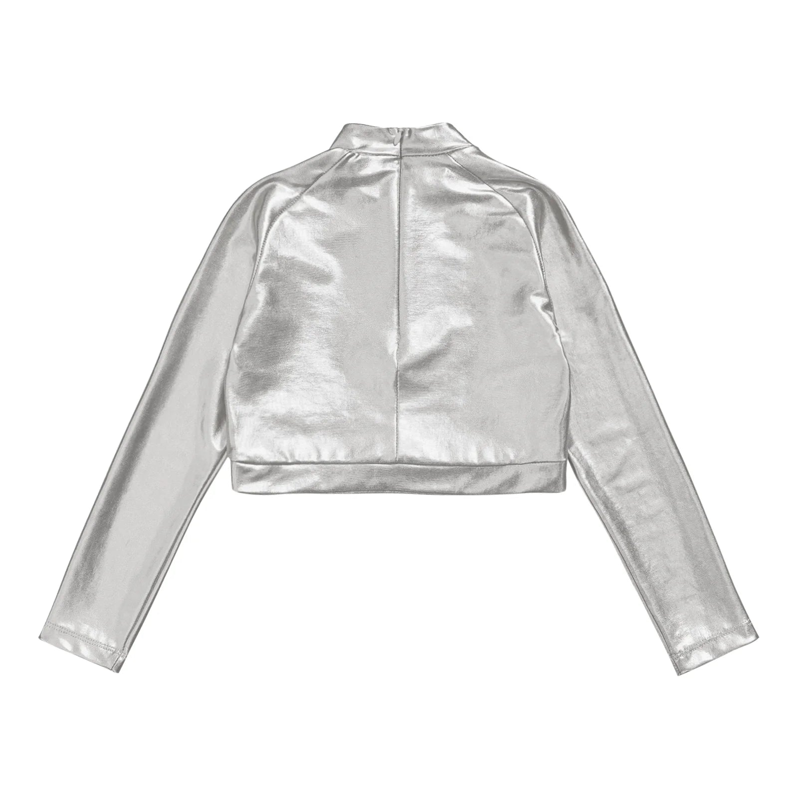 Kids Girls Shiny Metallic Crop Top Mock Neck Long Sleeve Front Sequin Fully Lined Athletic T-Shirts Jazz Hip-hop Dance Tops