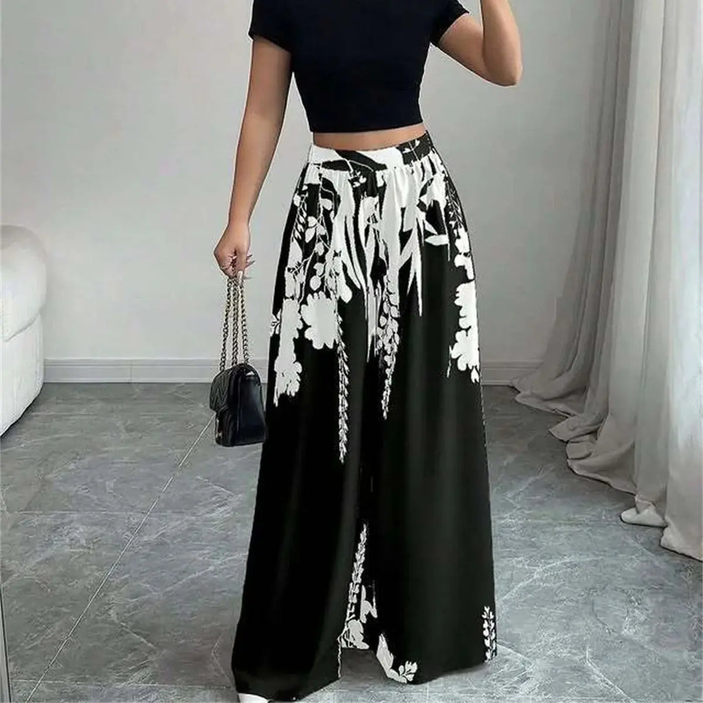 Women's Trousers Fashionable High Street Black And White Flower High Waist Casual Wide Leg Pants 2026 Spring Summer New Style