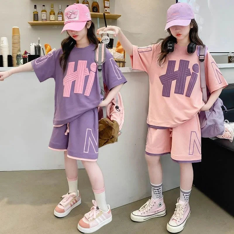 Girls T-Shirts Sets Clothes Kids Short Sleeve Tops+Shorts 2Pcs Children Clothes Suits Teen Loose Casual 2025 Outfits 5-14 Years