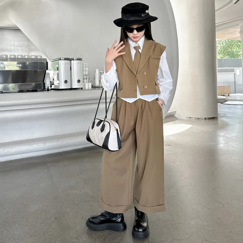 New Girls Blazer Suit Clothing Sets 2026 Spring Autumn New Kids Vest+Pants Fashion Loose Formal Teens Casual Outfits 3-14 Years