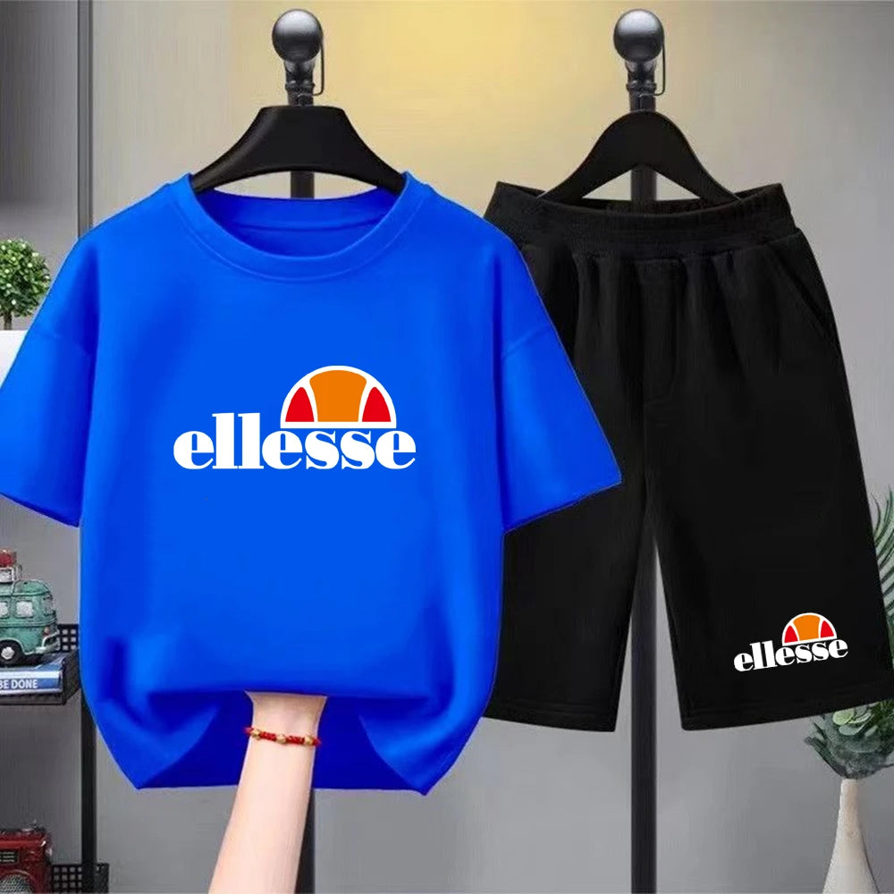 Kids Summer Boy Girl Round Neck T-shirt+Shorts Short-sleeved Toddler 3-12Y black Casual Sports Set Fashion Letter brand print
