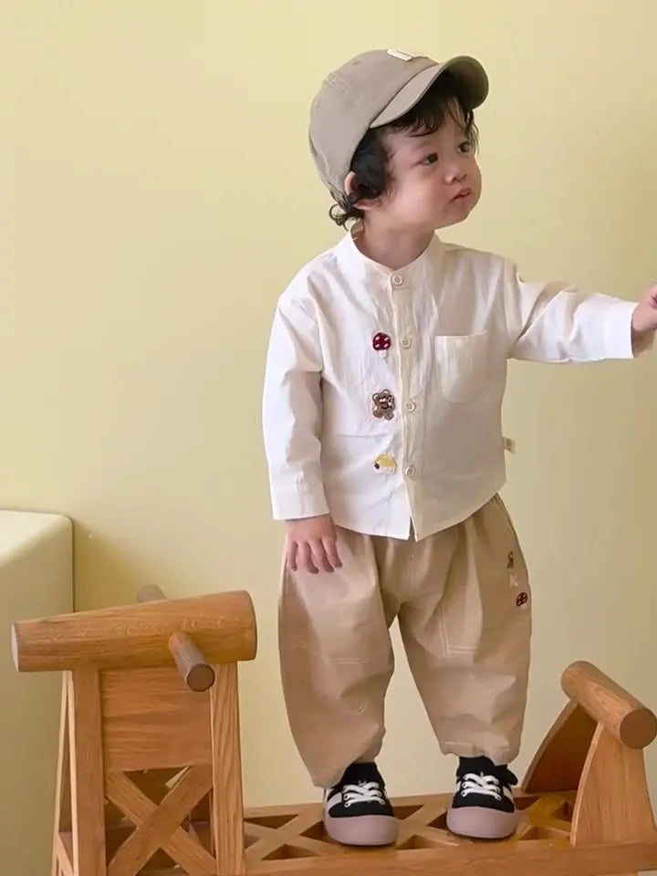 2026 Fall New Toddler Kids Pants Cotton Cartoon Embroidered Harem Pants Baby Boy Casual Striped Denim Baggy Trousers