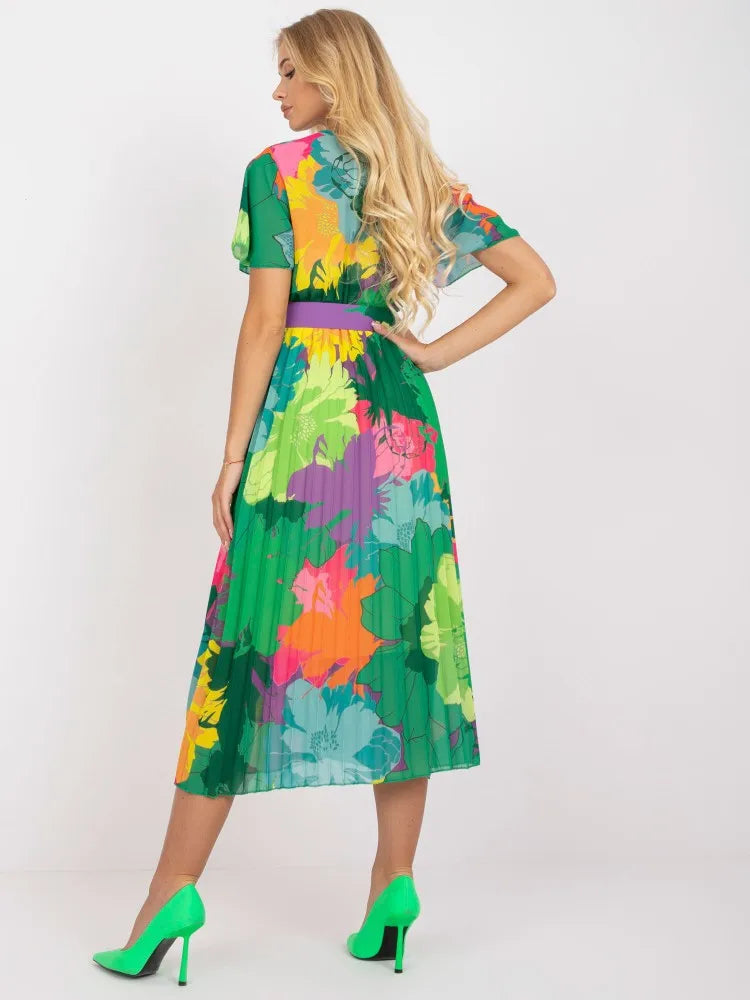 Women's Summer Dress New Summer V-neck Dress Women's Printed High Waist Pleated Skirt Fashion Holiday Party Dress Dresses Robe