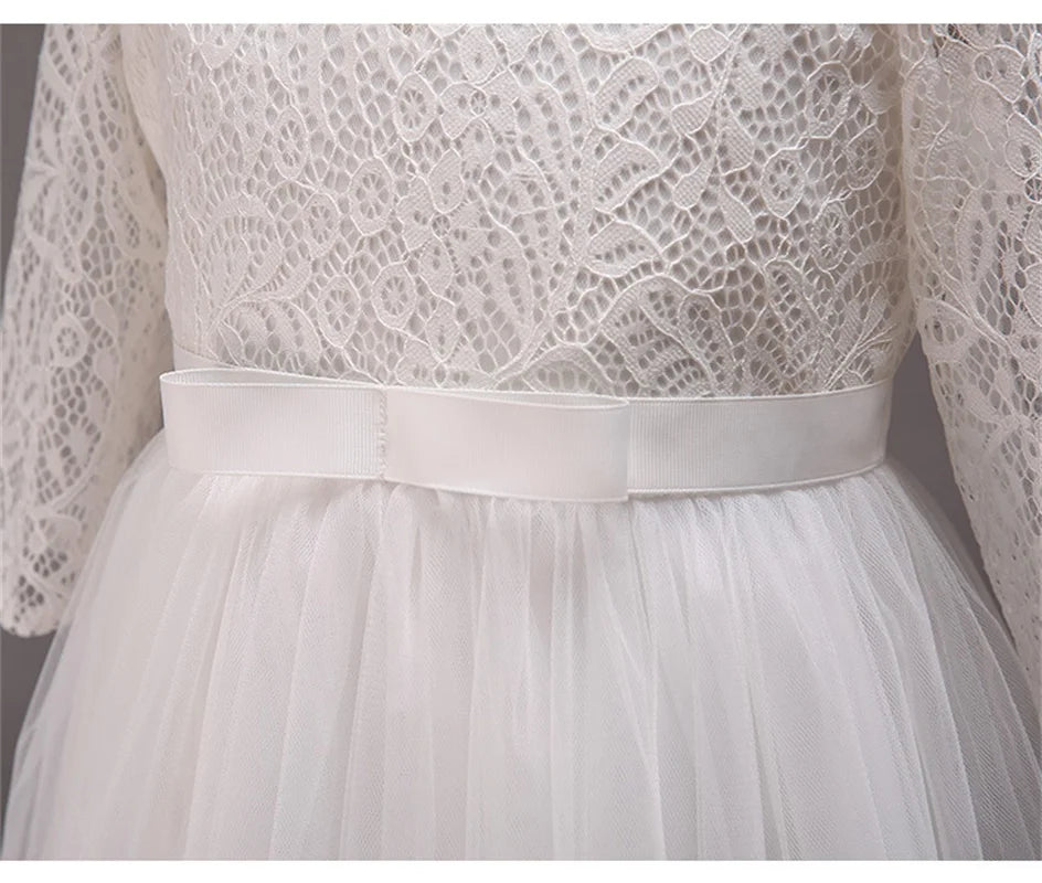 Elegant Dress For Teenage Girl Lace White Long Sleeve Wedding Princess Dresses For Children Prom First Communion Long Puffy Gown