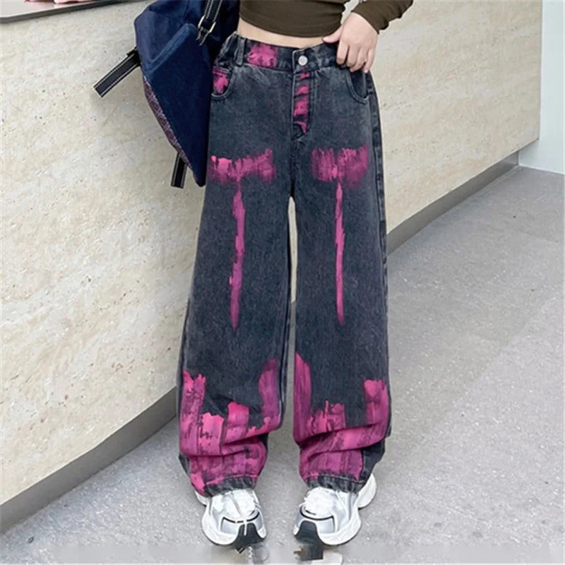Kids Jeans for Girls Fashion Graffiti Dyeing 2025 Spring Autumn Hot Sales Teenager Unique Wide Leg Pants Korean Style Trousers