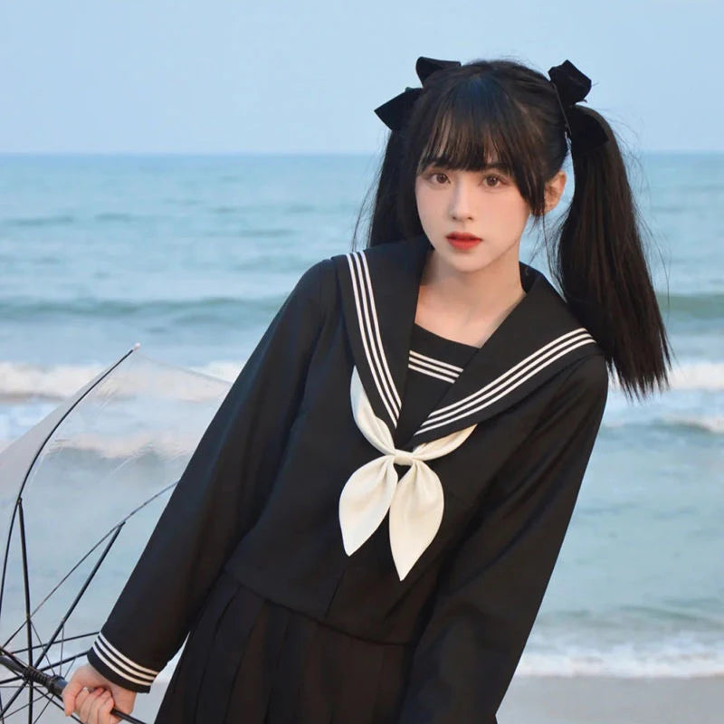 Women Sexy Black JK Suit Japanese School Uniforms Style S-3xl Student Girls Navy Costume  Sailor Blouse Pleated Skirt Set