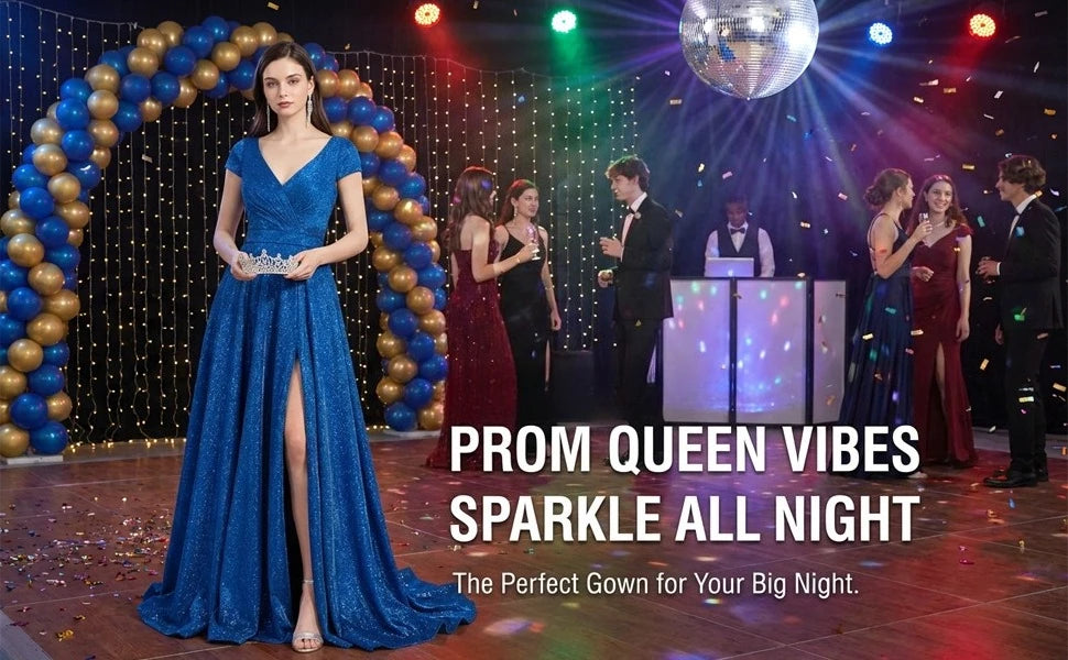 Prom Dresses Long for Women A Line with Pockets V Neck Formal Evening Ball Gown Elegant Dress Women for Wedding Party