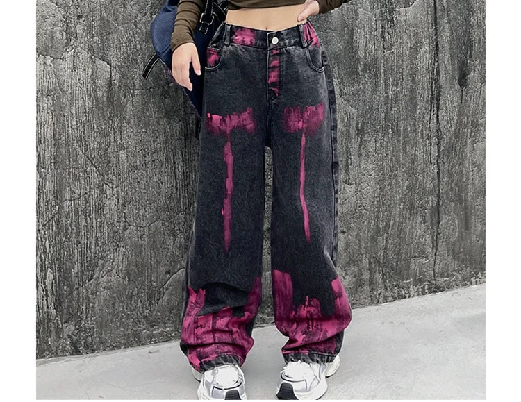 Kids Jeans for Girls Fashion Graffiti Dyeing 2025 Spring Autumn Hot Sales Teenager Unique Wide Leg Pants Korean Style Trousers