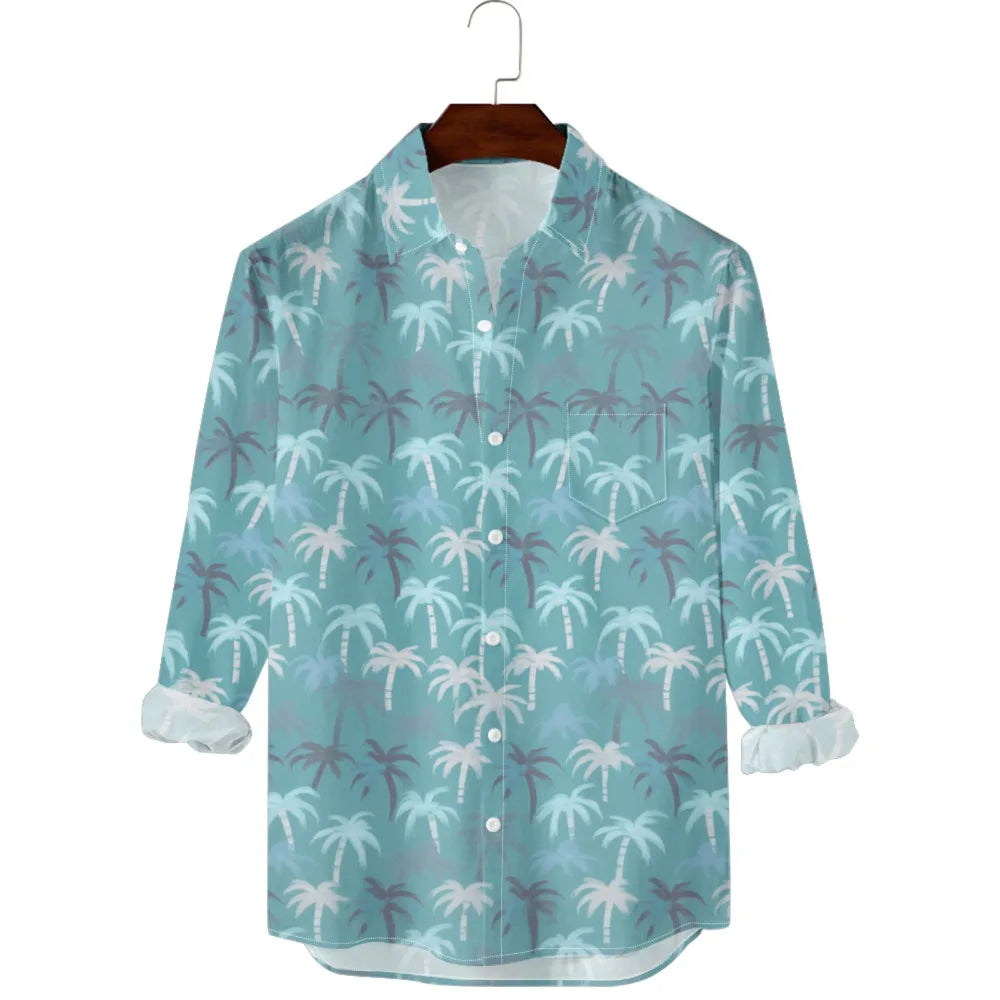 Hawaiian Men Shirts Sunset Ombre Palm Printed Full Sleeve Streetwear Button Up Casual Vacay Beach Parties Poolside Shirt Pocket