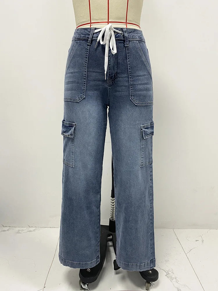 2026 Women's Casual Straight Leg Jeans Pants Fashion Style Belt and Multiple Pockets Functional Work Pants Female Cargo Trousers