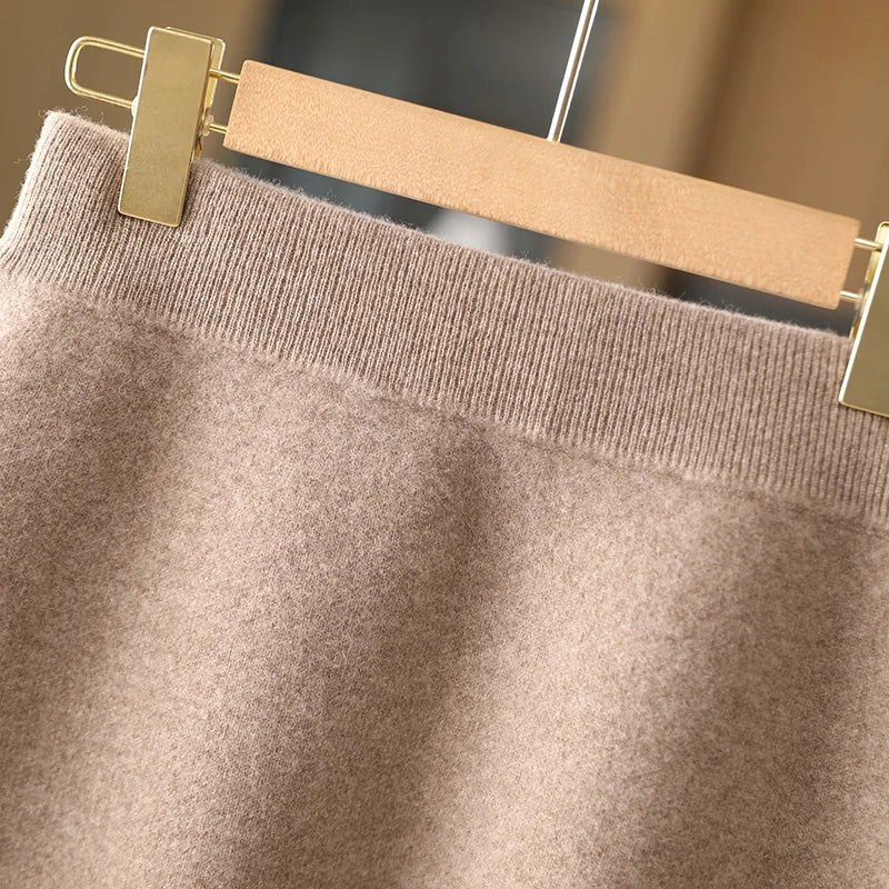 Women Wool Skirts Autumn Winter Office Lady Mini Slim Fit Skirt Elastic Waist 100% Merino Wool Knitted Cashmere Above Knee Dress