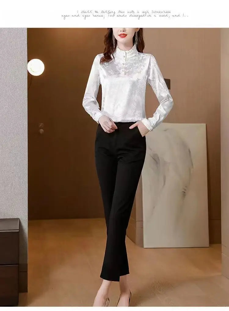 Premium Satin Blouse Women Spring Age-Reducing Print Loose Long Sleeve Top Fashion Elegant Collar Shirt