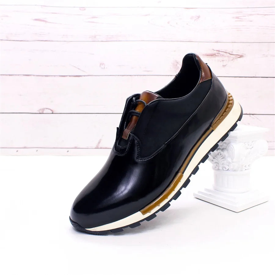 Men's Genuine Leather Casual Shoes Thick Sole Glossy Lace Up Comfortable Handmade Sneakers Dating Marriage Street Men's Shoes