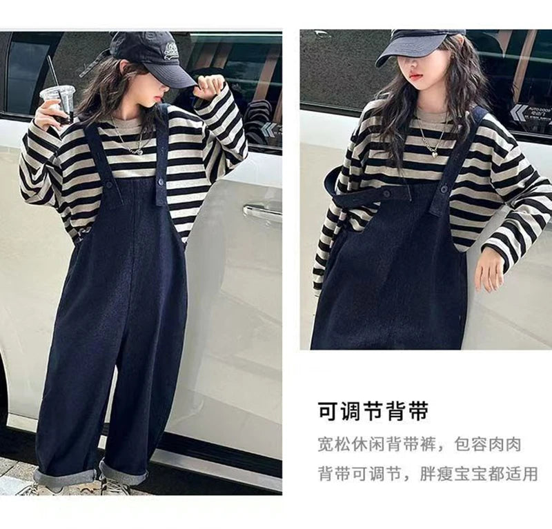 Girls 2 Piece Outfit Korean Style Kids Striped Long Sleeve T-shirt + Loose Denim Overalls Set Spring Autumn Children's Clothing