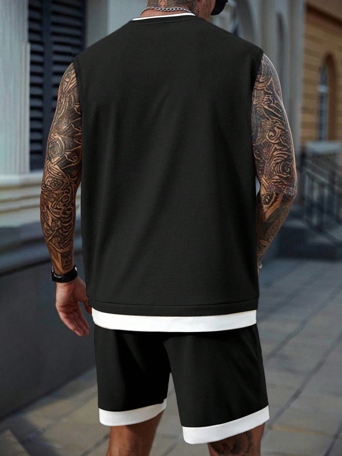 Men's Casual Athletic Set — Knitted fabric with slight stretch; available in medium-to-large sizes. Features a 2-in-1 elastic wa