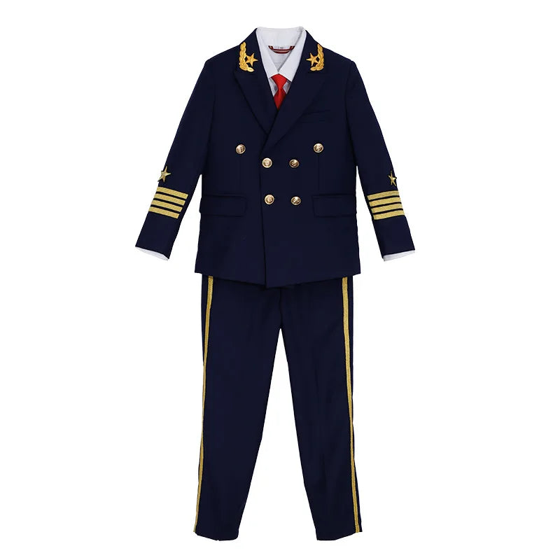 Boys Girls School Ceremony Costume Flower Boys Grils Pilot Uniform Suit Kids Formal Jakcet Pants Tuxedo Wedding Dress