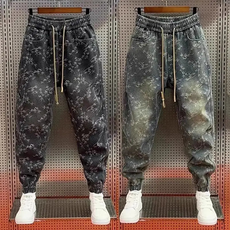 Men's Jeans Loose Jacquard Casual American Waist Drawstring Ties Versatile Trendy Spring and Autumn Harem Pants