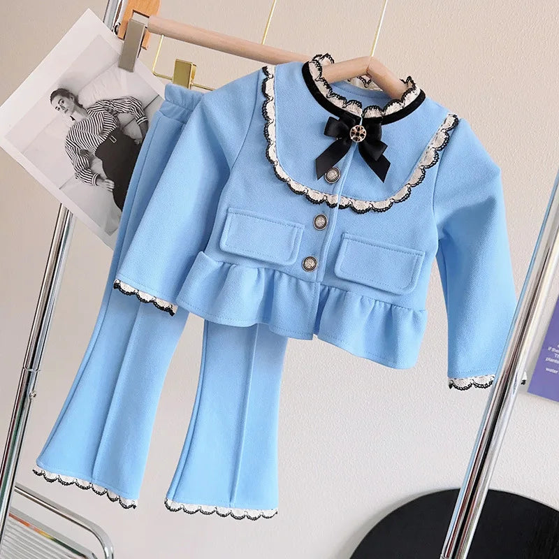 Girls Set 2024 Spring Autumn Girls Treasure Bow Two Piece Set Baby Coat Pants Blue Two Piece Set