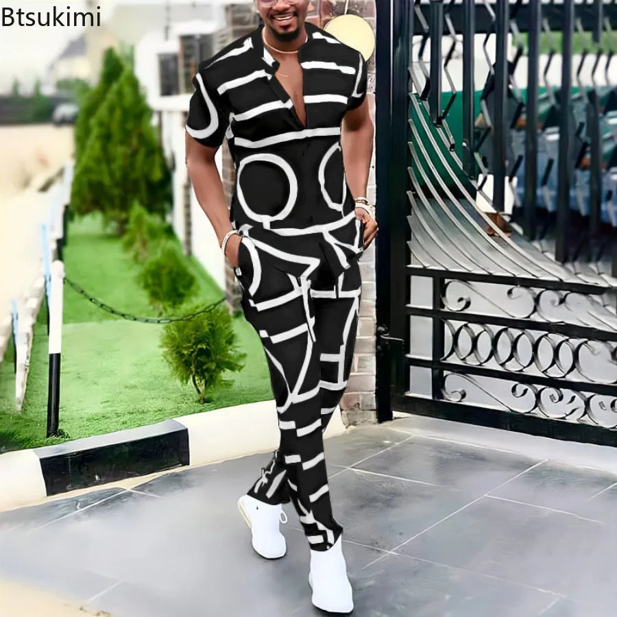 Summer New Men's Fashion Trend Print Shirt Casual Suit V-neck Short-sleeved Trousers Male Streetwear High-quality Two-piece Sets