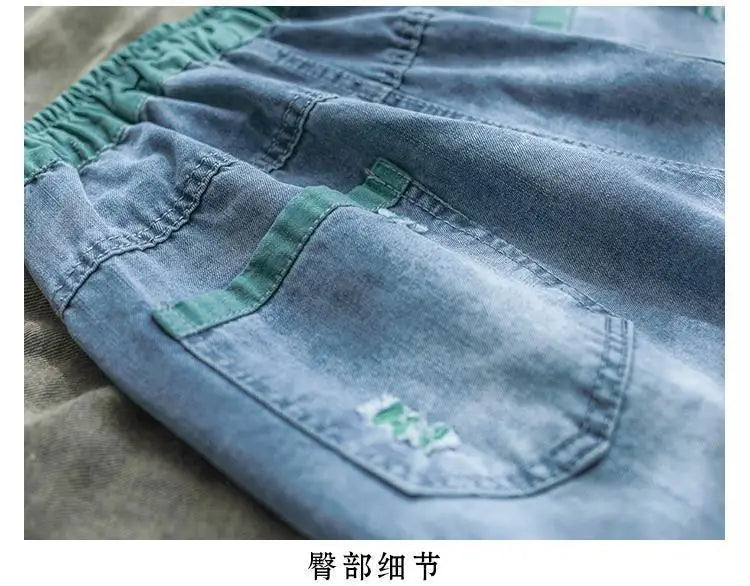 Nine Point ripped Jeans For women Summer 2025 new Loose Thin Elastic waist Casual Harem pants Female denim Ankle Length pants