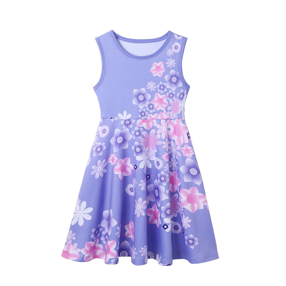 Summer Girls Dresses Cute Flower Print Round Neck Casual Dresses Carnival Party Girls Casual Dresses Princess Outfits