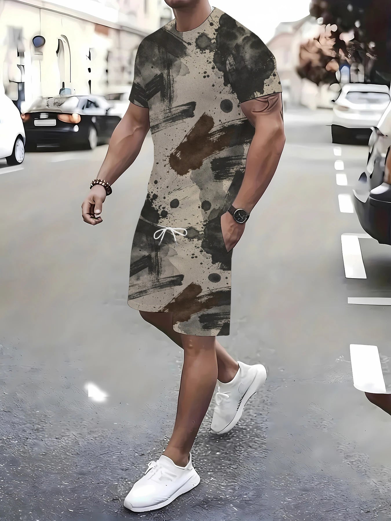 Summer Men's 2-Piece Print Set Casual Loose T-Shirt & Elastic Waist Shorts Outfit