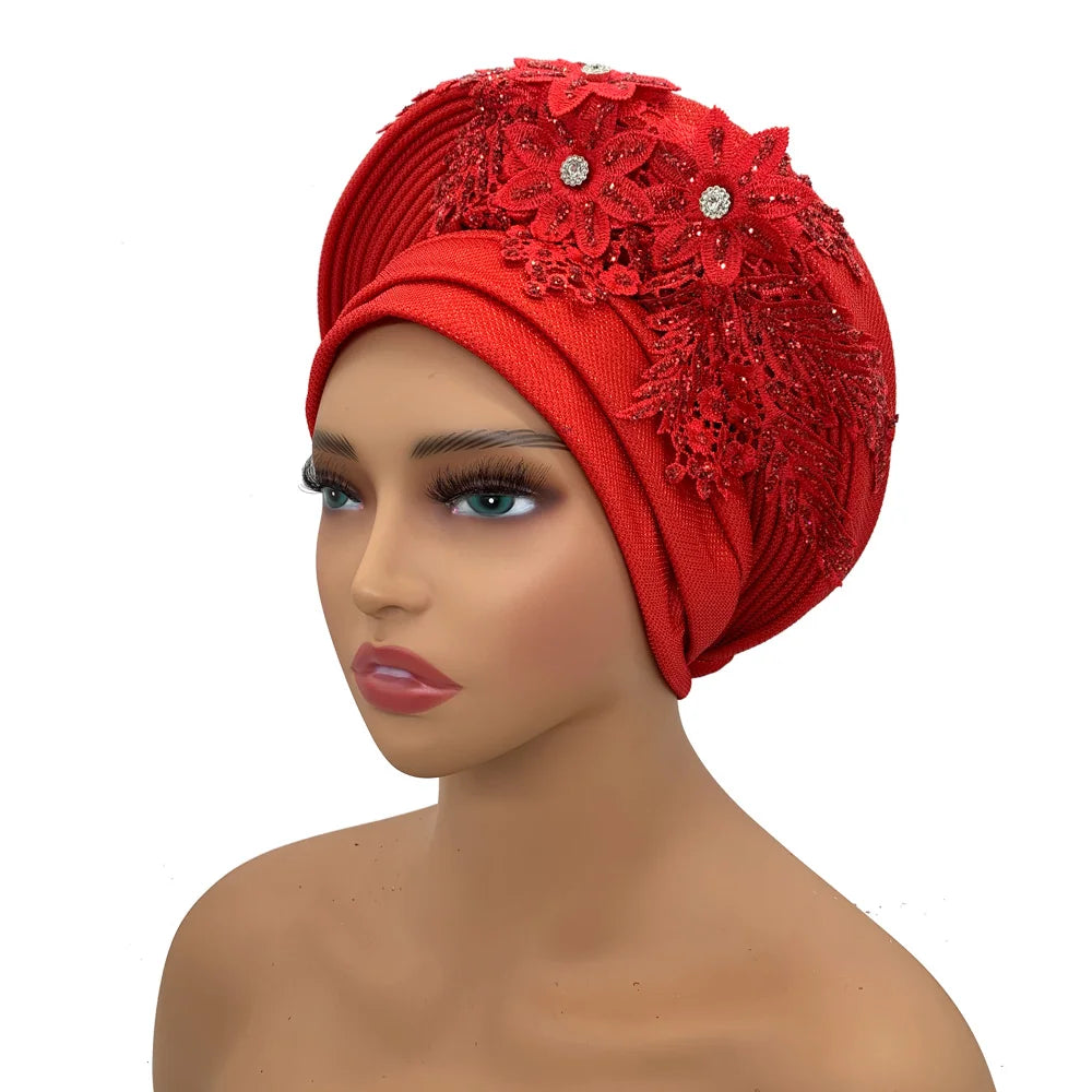 Elegant African Autogele Women's Turban Cap Nigeria Wedding Gele Ready to Wear Headtie with Embroidery Lace Party Headwear