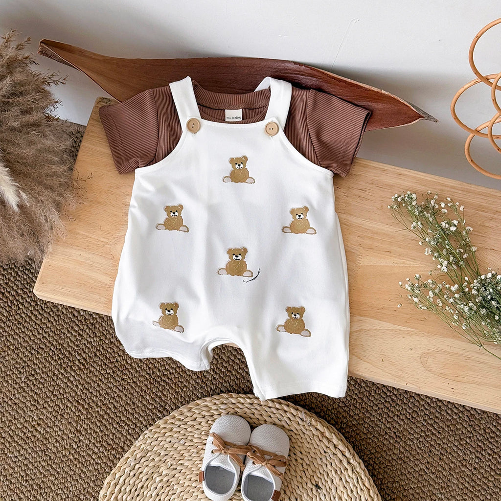 INS Summer Baby Girls Clothes Bear Patchwork Romper Baby Boys Bodysuit Clothes+White T-shirt Newborn 0 to 18 months 2Pcs/Set