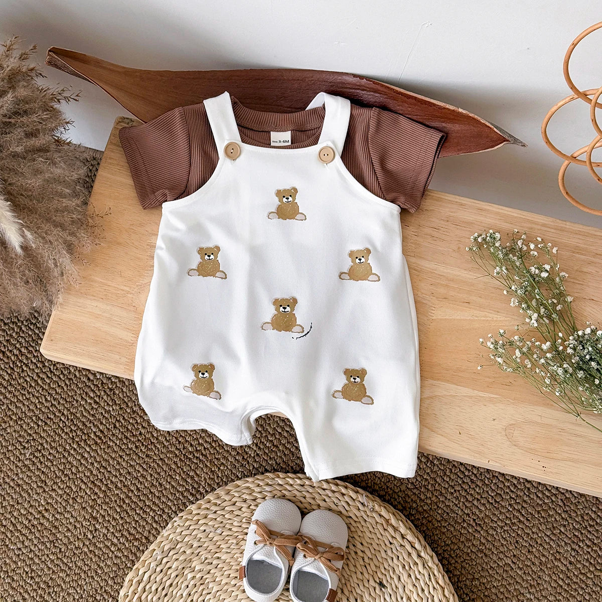 INS Summer Baby Girls Clothes Bear Patchwork Romper Baby Boys Bodysuit Clothes+White T-shirt Newborn 0 to 18 months 2Pcs/Set