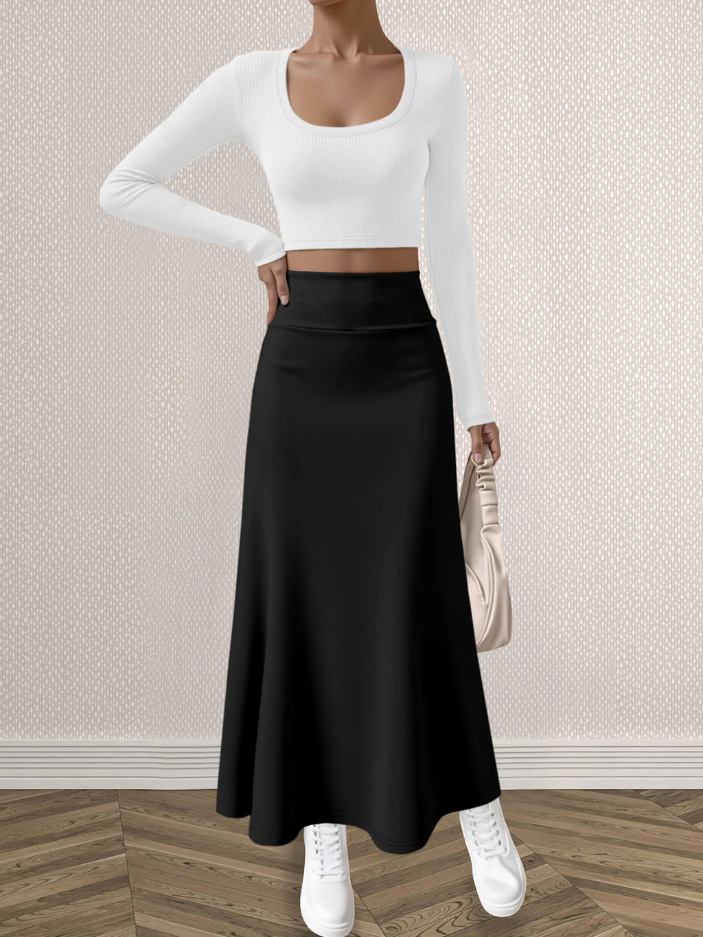 Mature Style Women 2Pcs Outfit, Ribbed Square Neck Crop Top + High Waist Draped A-Line Maxi Skirt