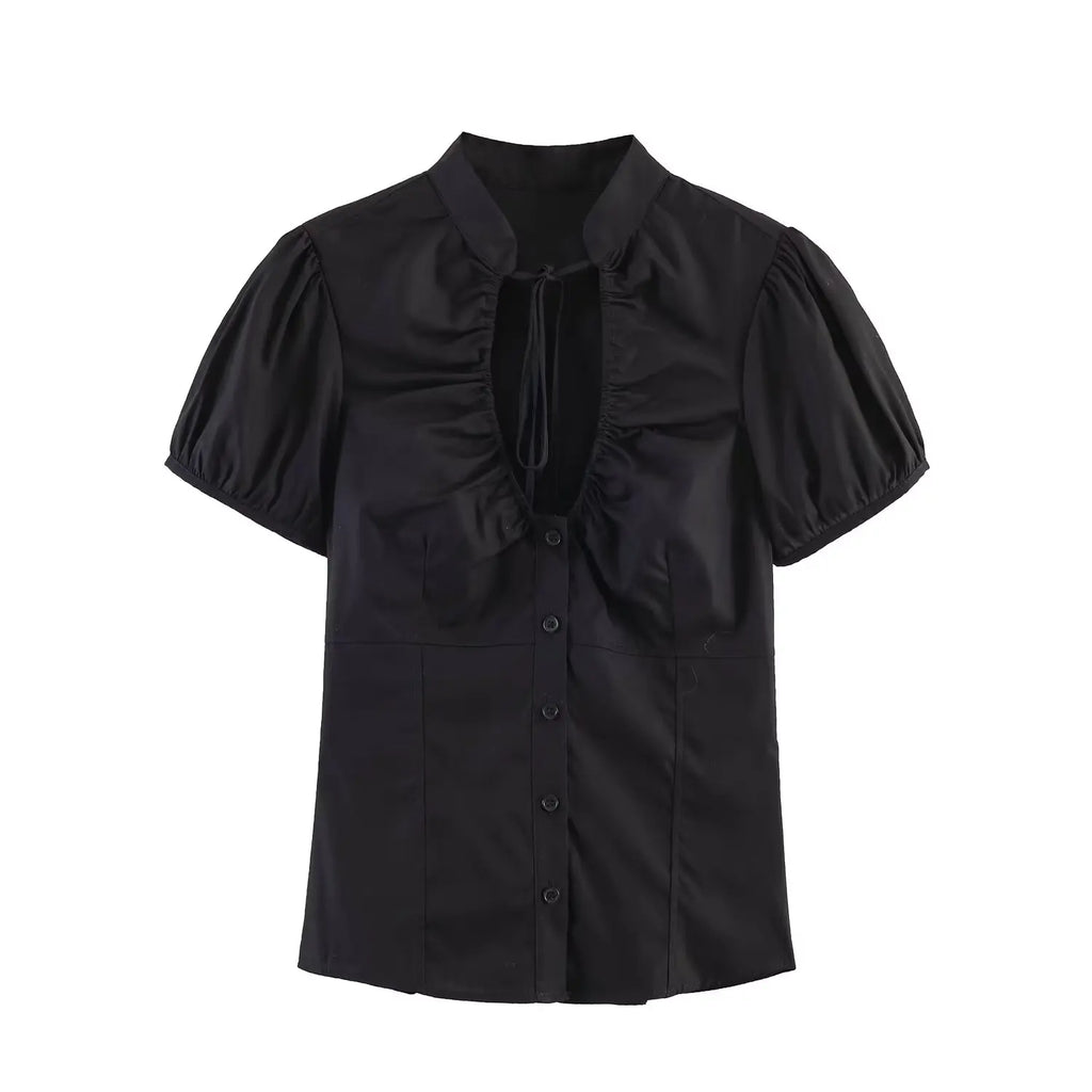 Women Sexy V-Neck Single Breasted Crop Shirts 2026 Summer Female Chic Bow Lace-Up Puff Sleeve Slim Shirts Y2K Girl Cute Shirt