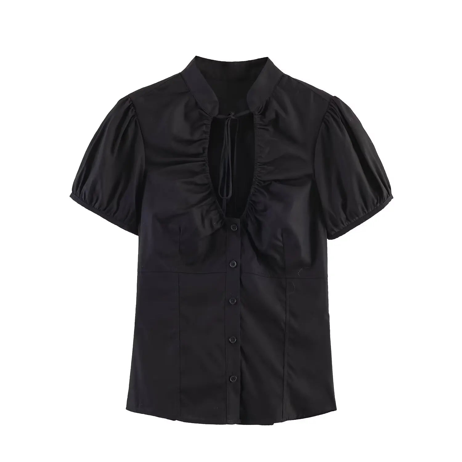 Women Sexy V-Neck Single Breasted Crop Shirts 2026 Summer Female Chic Bow Lace-Up Puff Sleeve Slim Shirts Y2K Girl Cute Shirt