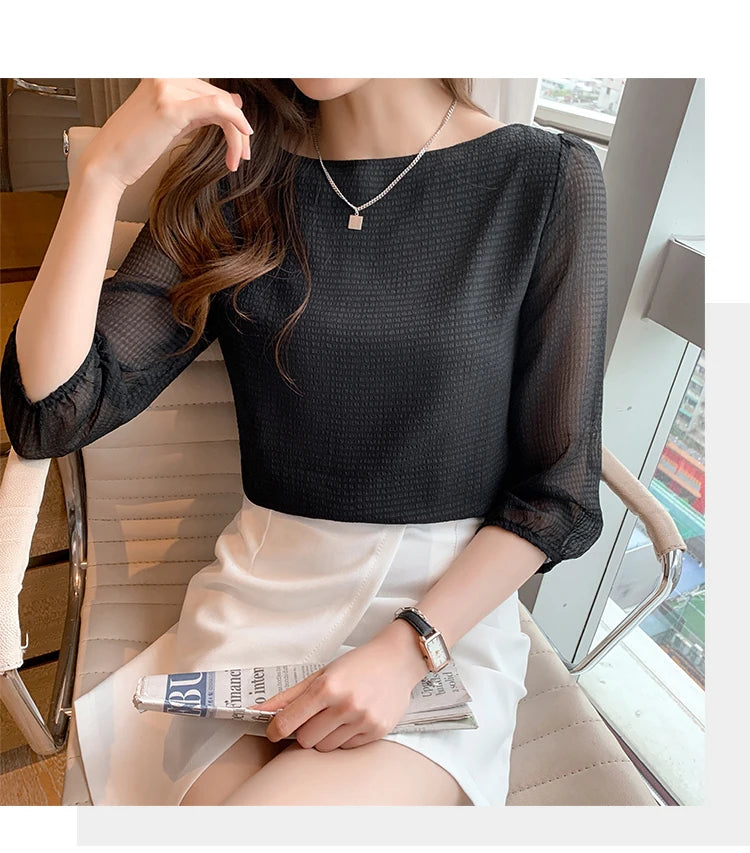 Blusas Para Mujer 2026 New Women Blouse Shirt O-Neck Black Chiffon Blouse Shirt Women Tops Blouses Shirts Blusas Camisas E474