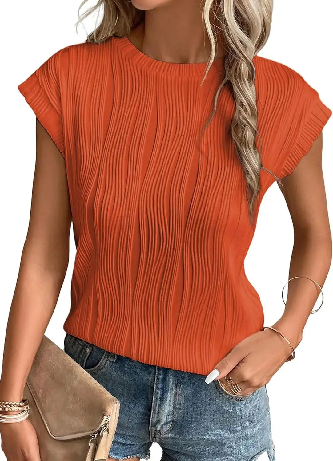 2025 Summer New Womens t-shirt Short Sleeve Textured Tops Crewneck Knit Solid Loose Casual Basic T Shirts Tee Blouses