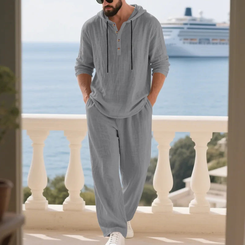 Men's Linen Hooded Sets 2 Piece Outfit Summer Casual Long Sleeve Hoodie and Wide Leg Pants Set for Men