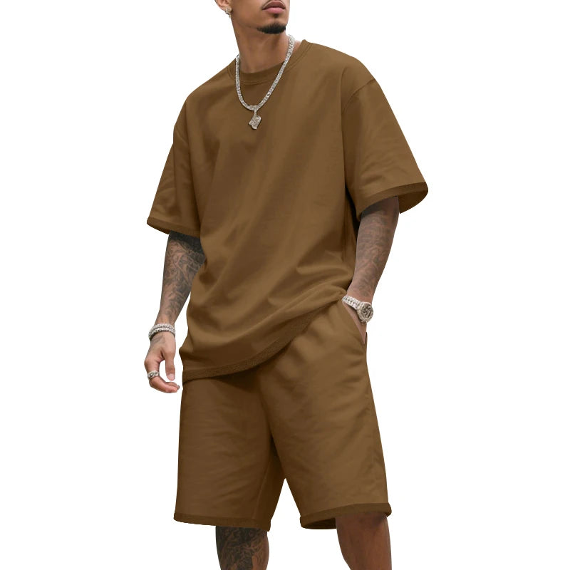 Men's two-piece clothing set, loose round-neck T-shirt and shorts set, casual sportswear, perfect for summer