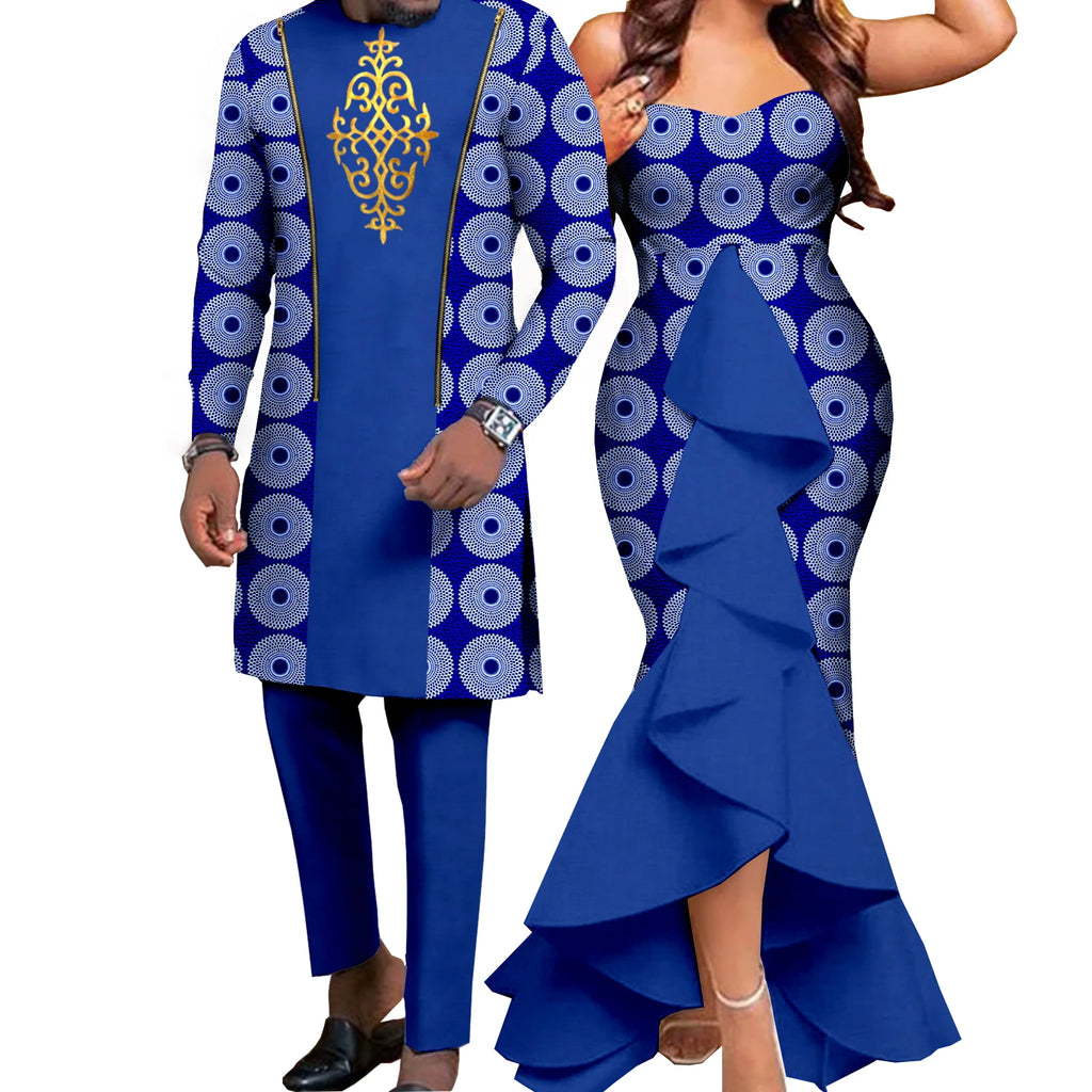 Dashiki African Women Mermaid Dresses Matching Men Outfits Pant Sets Bazin Riche African Couple Clothes for Wedding Y22C080