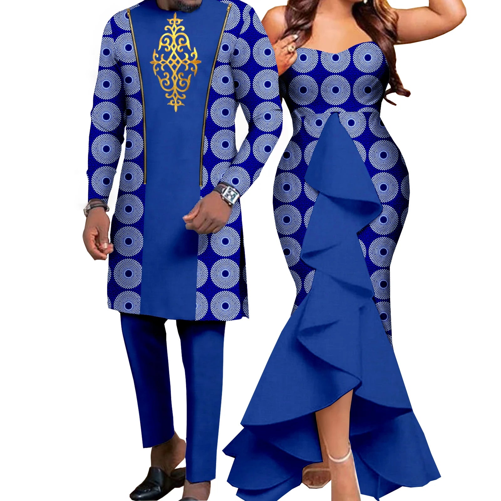 Dashiki African Women Mermaid Dresses Matching Men Outfits Pant Sets Bazin Riche African Couple Clothes for Wedding Y22C080