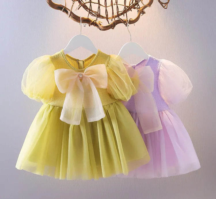 Summer Newborn Girls Clothes Korean Fashion Cute Bow Short Sleeve Mesh Baby Dresses First Birthday Dress Baby Clothing B227