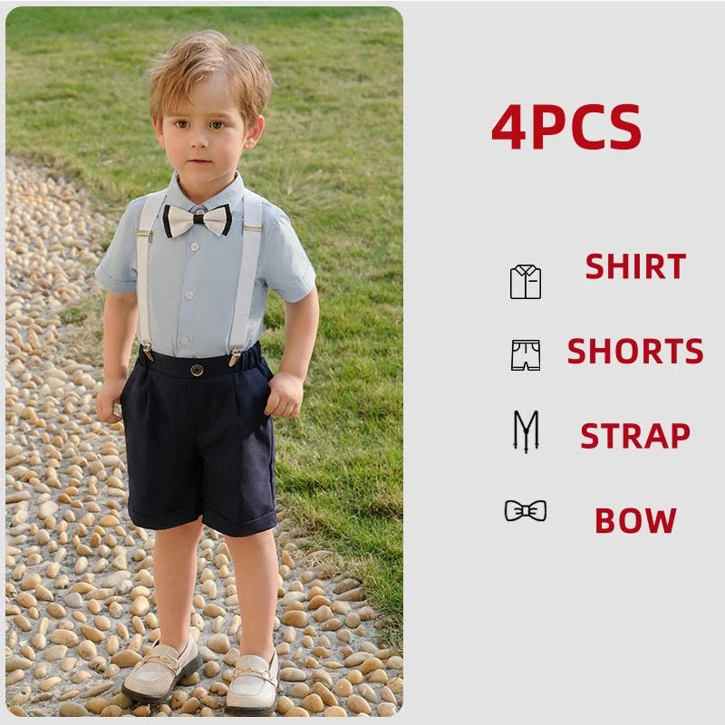 Kid Formal Strap Shirt Shorts Bowtie Clothing Set Gentleman Baby Toddler Tracksuit Elegant Boys Outfit Suit For Wedding Children