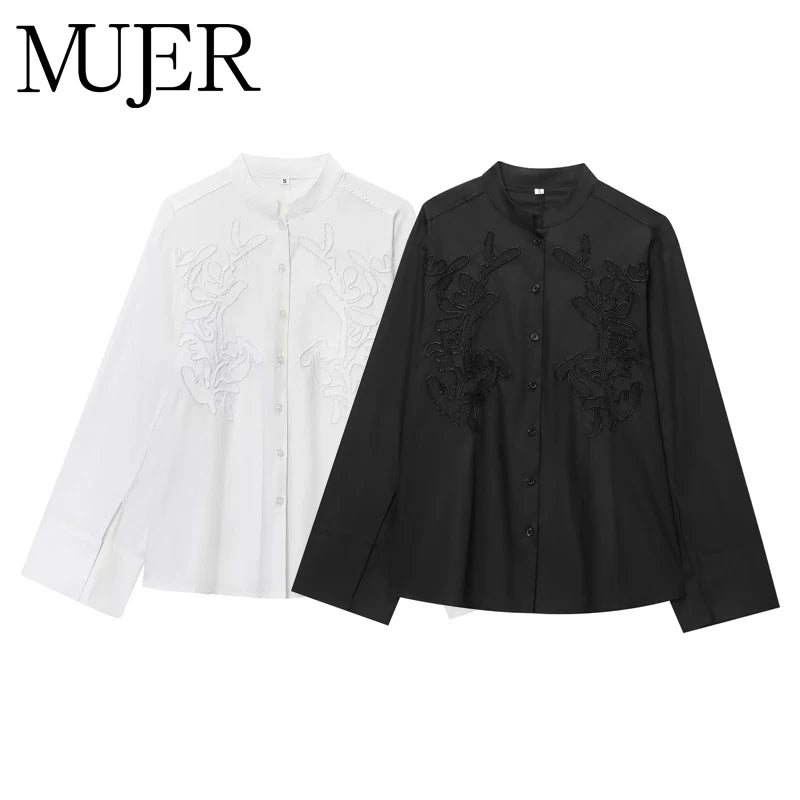 MUJER White Women's Shirt Embroidery Button up Shirts for Women Summer Casual Shirts Woman Long Sleeve Shirts and Blouses Woman