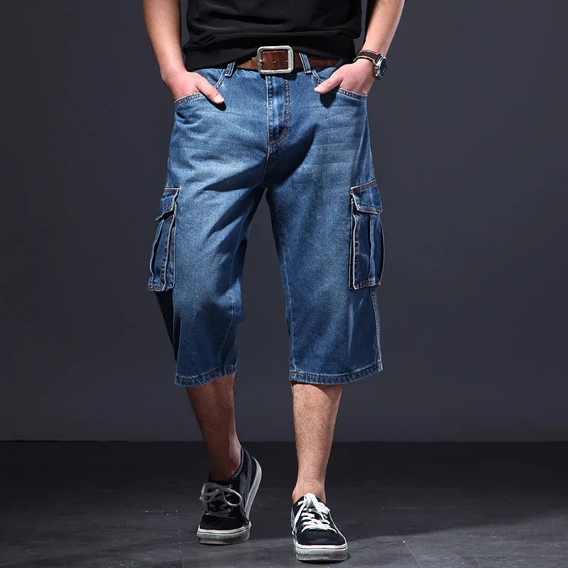 Summer thin, loose, multi pocket workwear, cropped denim shorts, cropped casual jeans for men