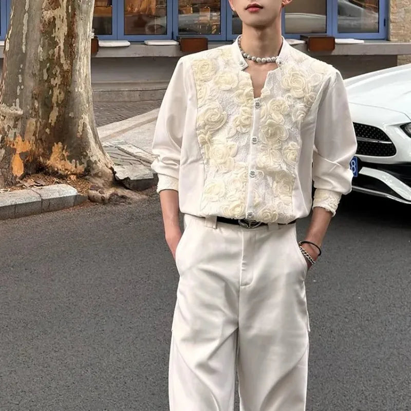 Men's Cream Stand Collar Long-Sleeve Shirt with Rose Embroidery Decorative Buttons Men's Shirts Fashion Men's Clothing