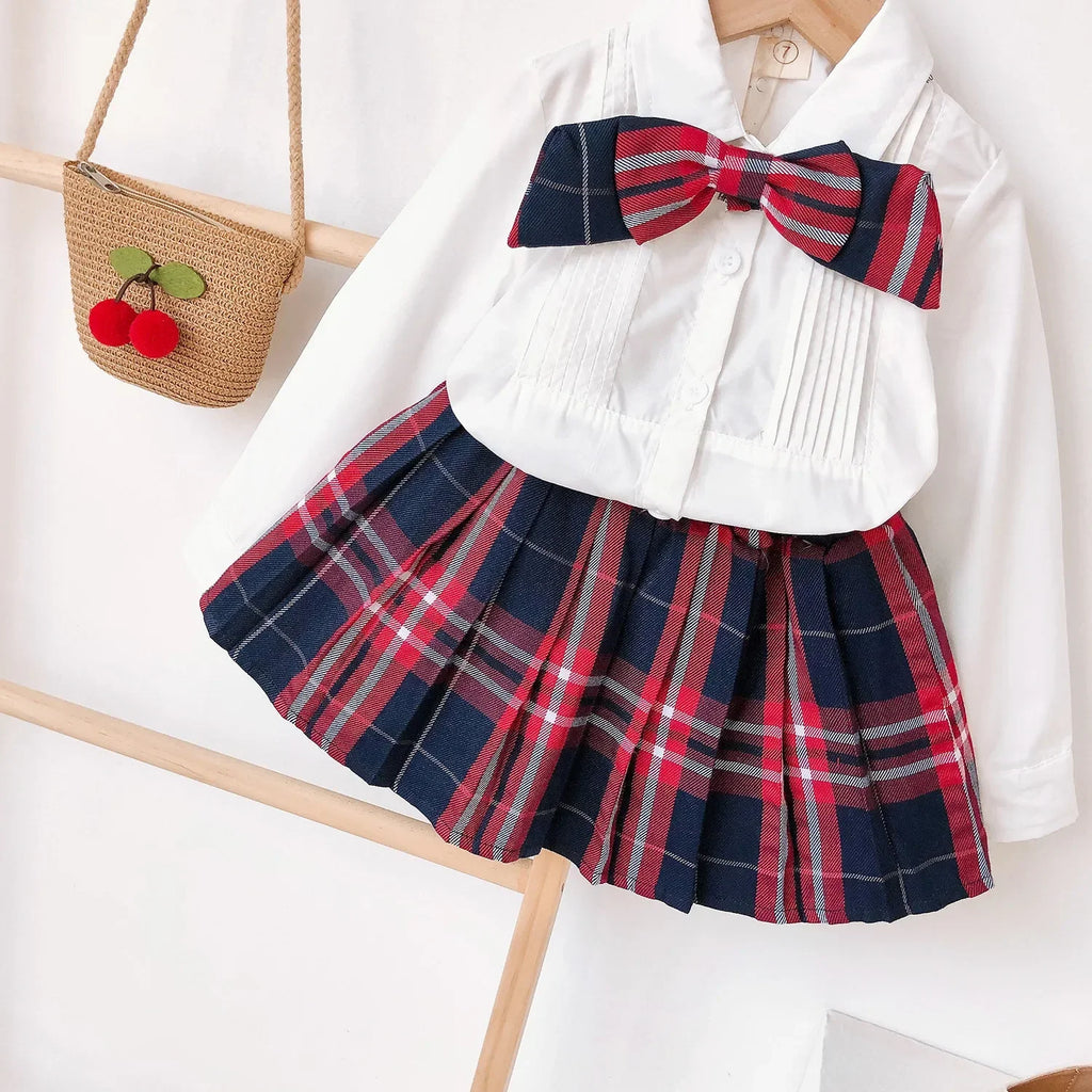 Girls' 2-Piece Outfit Set Bow Shirt + Pleated Skirt Cute Toddler Clothes for Ages 2-7 Years Kids' Fashion Set